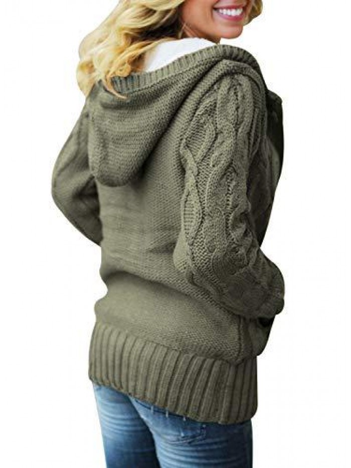 Womens Front Button Hooded Sweater Outwear Cable Knit Long Sleeve Cardigan with Pocket 