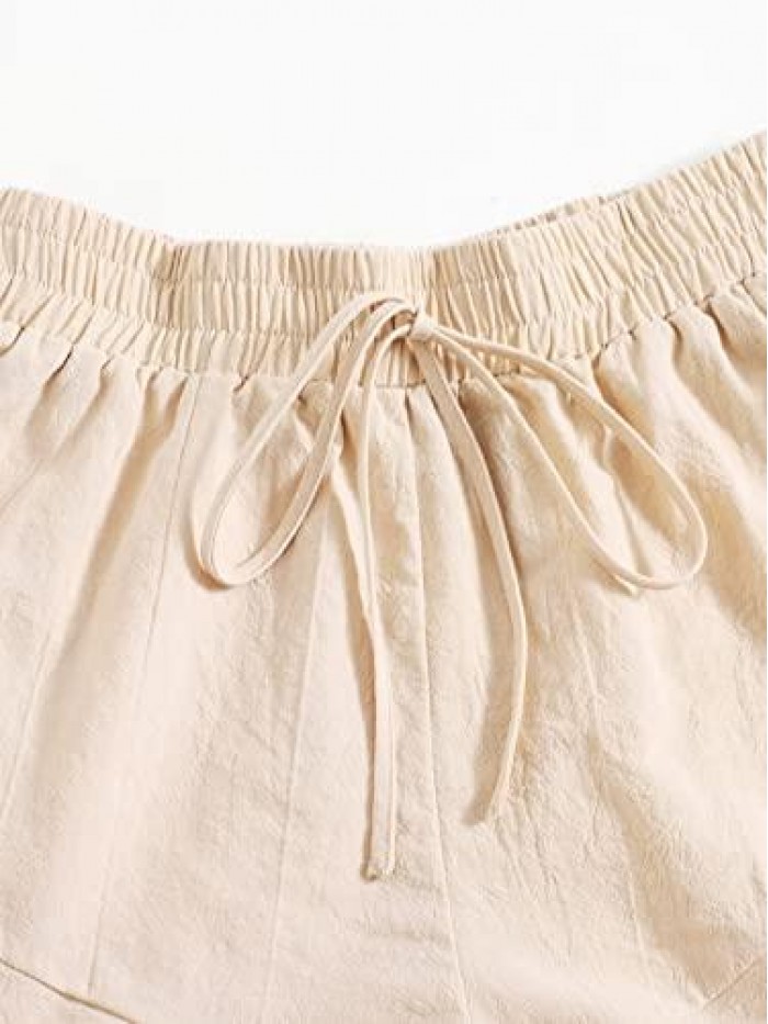 Women's Solid Drawstring High Waist Ruffle Hem Casual Wide Leg Shorts 