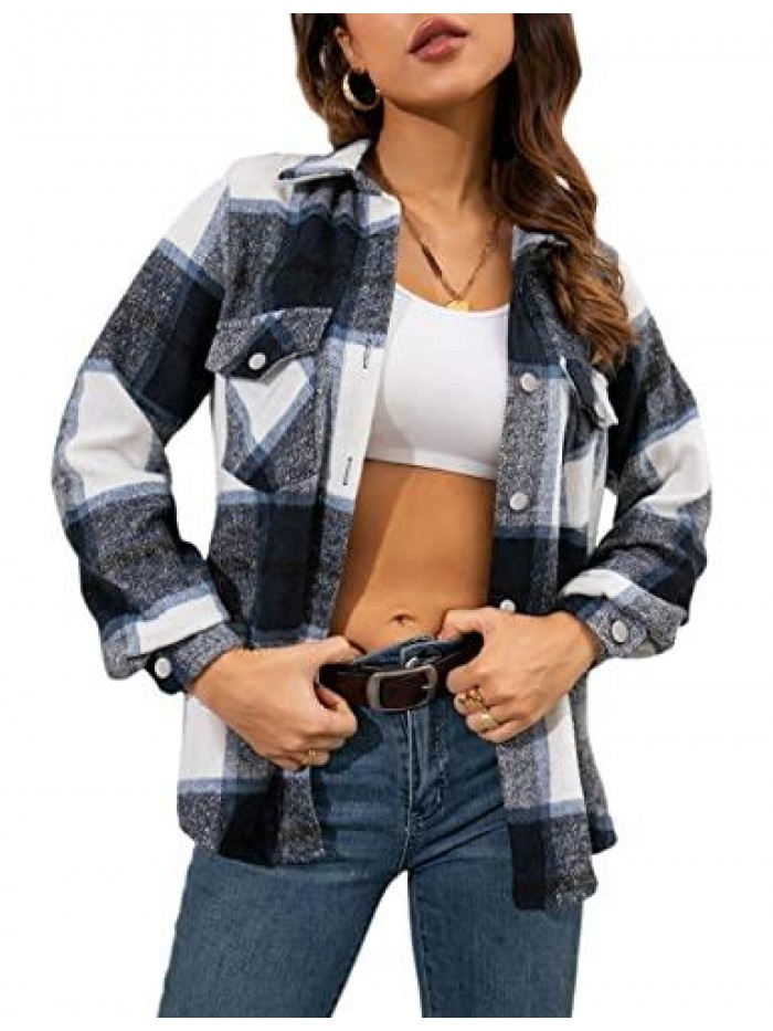 Womens Brushed Flannel Plaid Lapel Button Short Pocketed Shacket Shirts Coats 