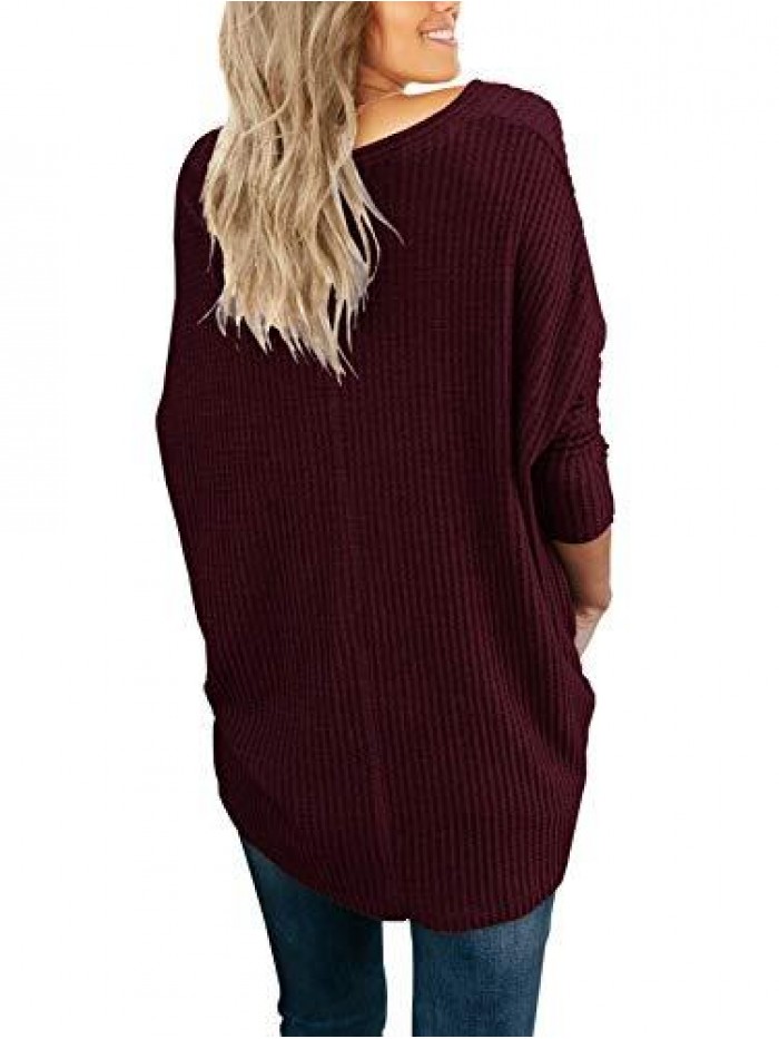 Women's Waffle Knit Tunic Blouse Tie Knot Henley Tops Loose Fitting Bat Wing Plain Shirts 