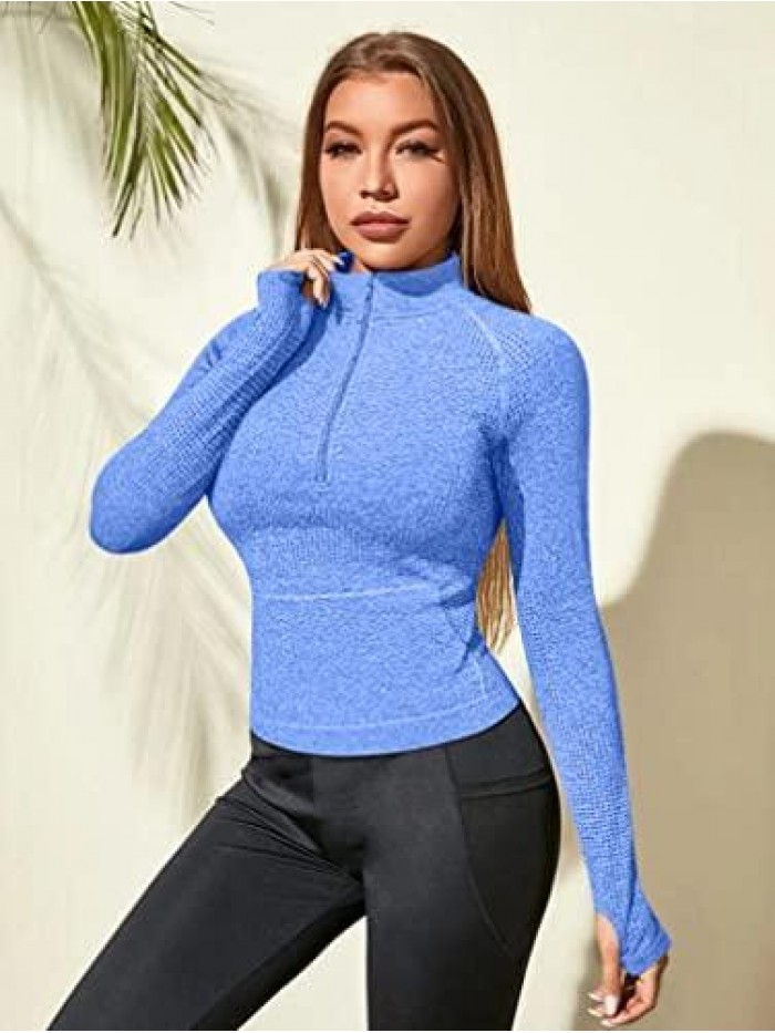 Women Workout Long Sleeve Yoga Front Pocket Tops Gym Half Zipper Stand Collar Running Athletic Shirt 