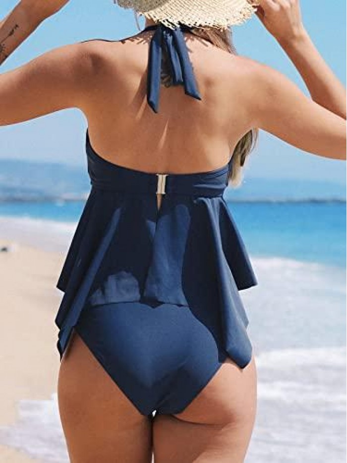 Women Halter Back Hood Tankini Set Ruffled Side Scoop Neck Bikini Swimsuit Low Rise Hipster Brief Bottom, XS Blue 