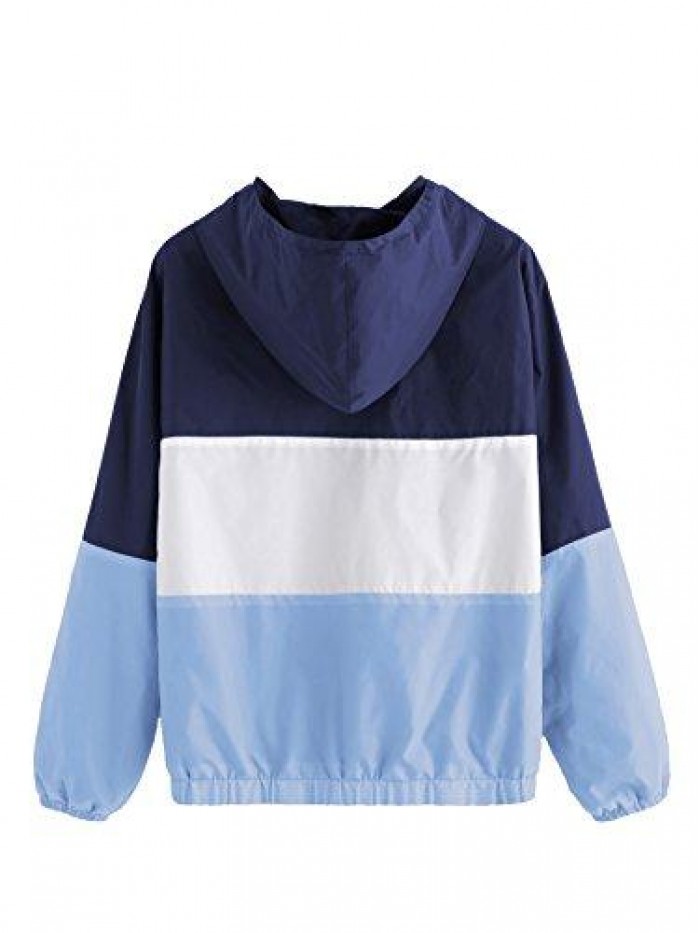 Women's Casual Color Block Drawstring Hooded Windbreaker Jacket 