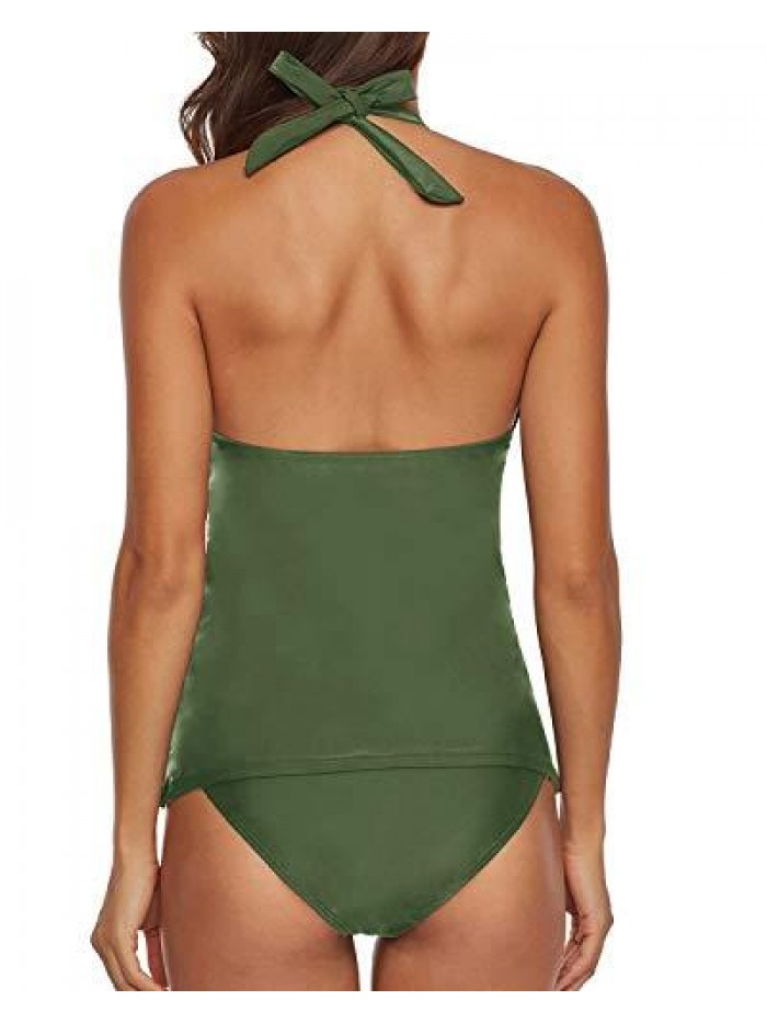 Two Piece Swimsuit Sexy V-Neck Ruffle Halter Backless Flyaway Tankini Suit 