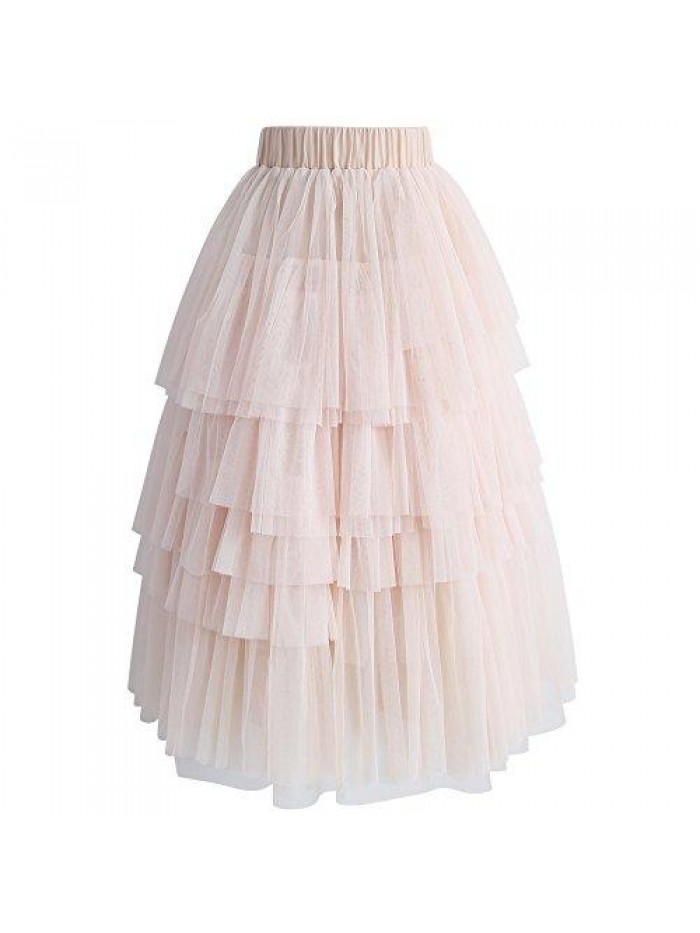 Women's Nude Pink/Black Tiered Layered Mesh Ballet Prom Party Tulle Tutu A-line Midi Skirt 