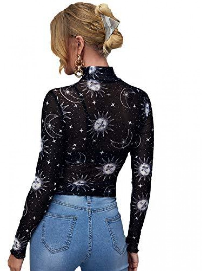 Women's Long Sleeve Mock Neck Angel Print Sexy Sheer Mesh Crop Top 