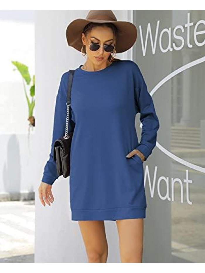 Womens Long Sleeve Crewneck Sweatshirt Tunic Tops Casual Lightweight Sweatshirt Dress with Pockets 