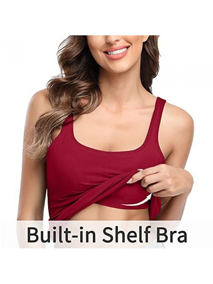 FOR CITY Tank Top for Women with Built-in Shelf Bra Cotton Wide Strap Camisole Square Neck Cami Tanks 2 Pack 