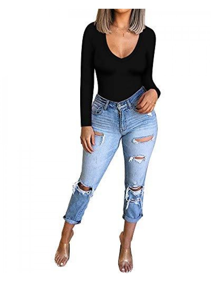 Womens V Neck Long Sleeve Fitted T-Shirt Basic Tee Tops 