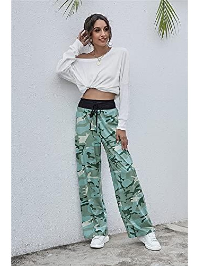 Comfy Casual Elk Print High Waist Drawstring Pajama Pants Casual Loose Wide Leg Pants Sweatpants Trousers 