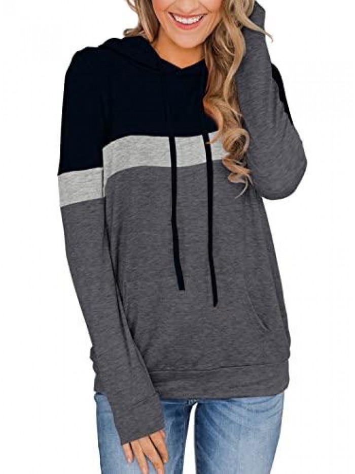 Women's Casual Color Block Hoodies Tops Long Sleeve Drawstring Pullover Sweatshirts with Pocket(S-XXL) 