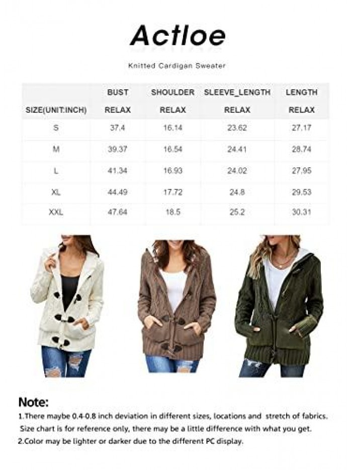 Womens Front Button Hooded Sweater Outwear Cable Knit Long Sleeve Cardigan with Pocket 