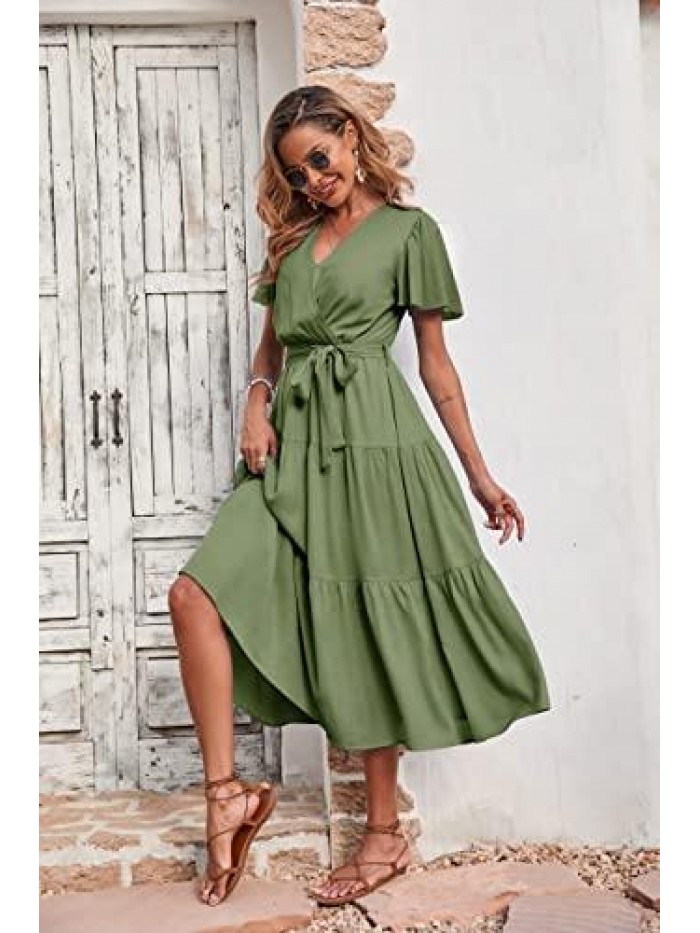 Women's Summer Wrap V Neck Ruffle Sleeve Tiered Midi Dress Tie Waist Flowy Long Beach Dress 