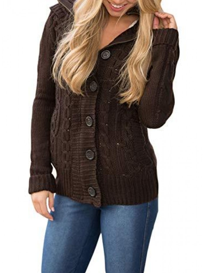 Women's Long Sleeve Button-up Hooded Cardigans Button Knit Cardigan with Pocket 