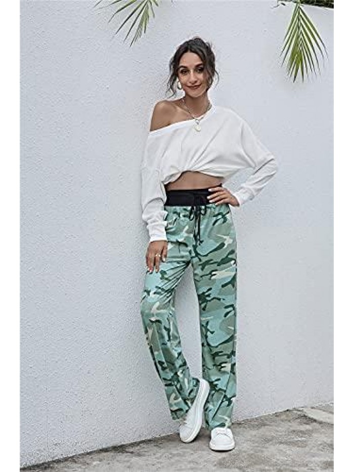 Comfy Casual Elk Print High Waist Drawstring Pajama Pants Casual Loose Wide Leg Pants Sweatpants Trousers 