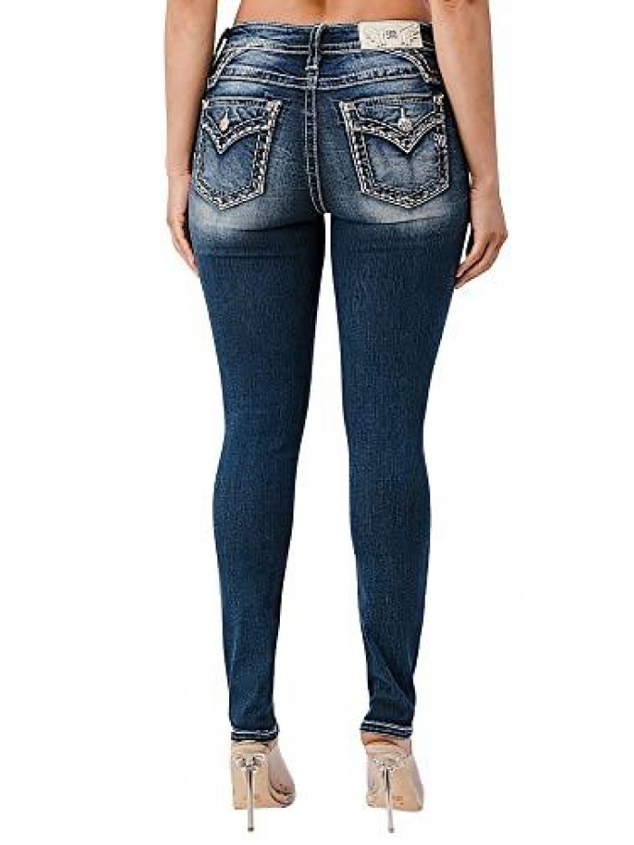 Me Women's Mid-Rise Skinny Jeans with Faux Flap Border Stitch and Pinch Yoke 