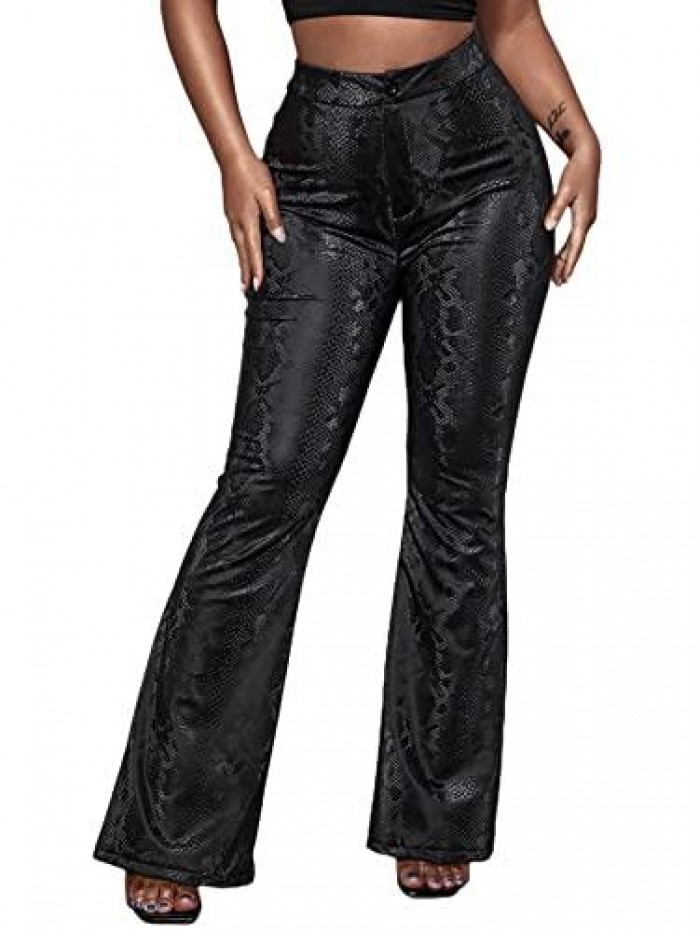 Women's High Waist Snakeskin Print PU Leather Flare Leg Long Pants 