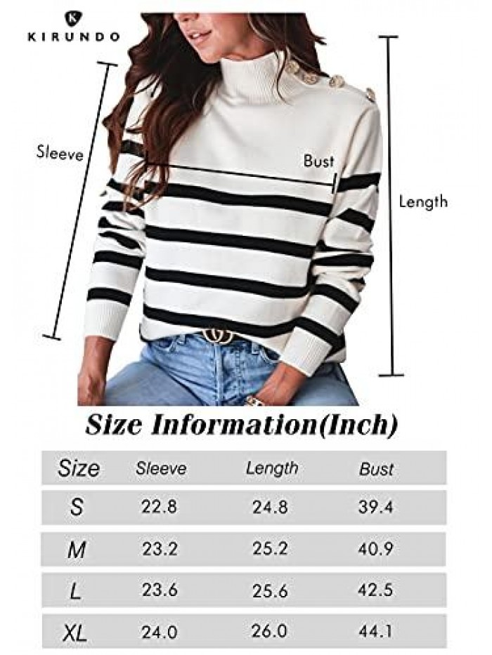 Winter Women’s Long Sleeves Knit Sweater Turtleneck Striped Print Loose Pullover Tops Deco with Metal Button 