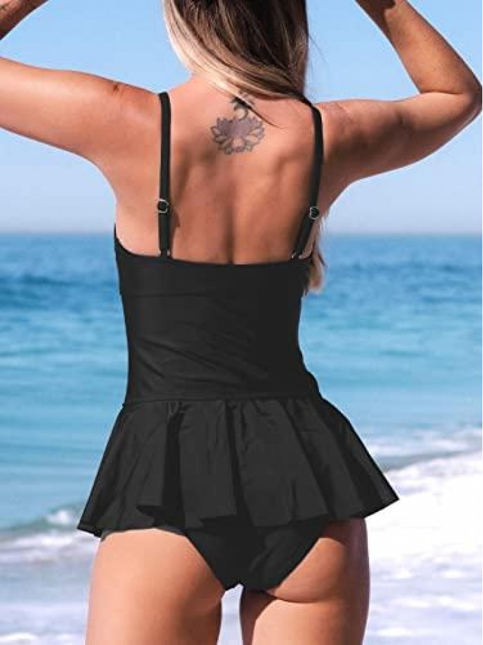 Women Ruffle Tankini Swimsuit Push Up Sweetheart Ruched Tummy Control Retro Solid Bathing Suit, XS Black 