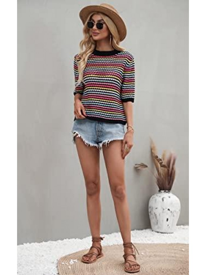 Women's Striped Knitted Shirt Casual Half Sleeve Soft Lightweight Crewneck Sexy Tops Hollow Out Sweater for Women 