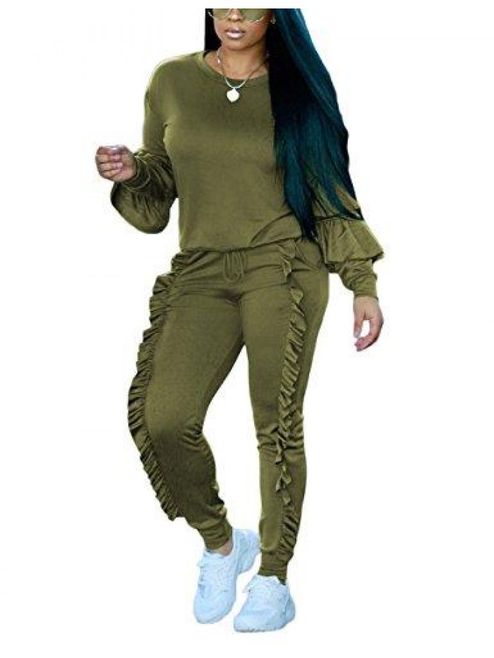 Women's Two Piece Outfits Ruffle Sleeve Sweatshirt and Long Pants Tracksuit Sets 