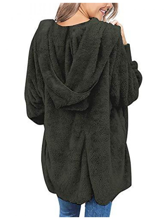 Womens Fuzzy Fleece Open Front Hooded Cardigan Jackets Sherpa Coat with Pockets 