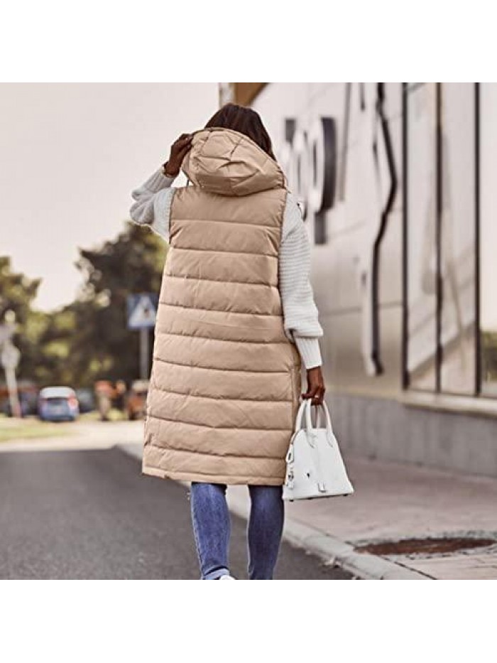 Women's Long Down Vest Plus Size Sleeveless Hooded Jacket Winter Slim Zipper Coat Outdoor Puffer Quilted Vest 