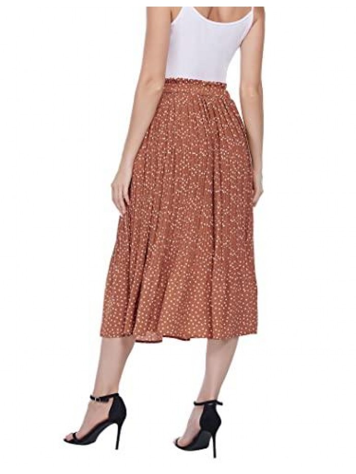 Women's Midi Skirts Elastic High Waist Skirt Polka Dot Casual Pleated Skirt with Pockets 