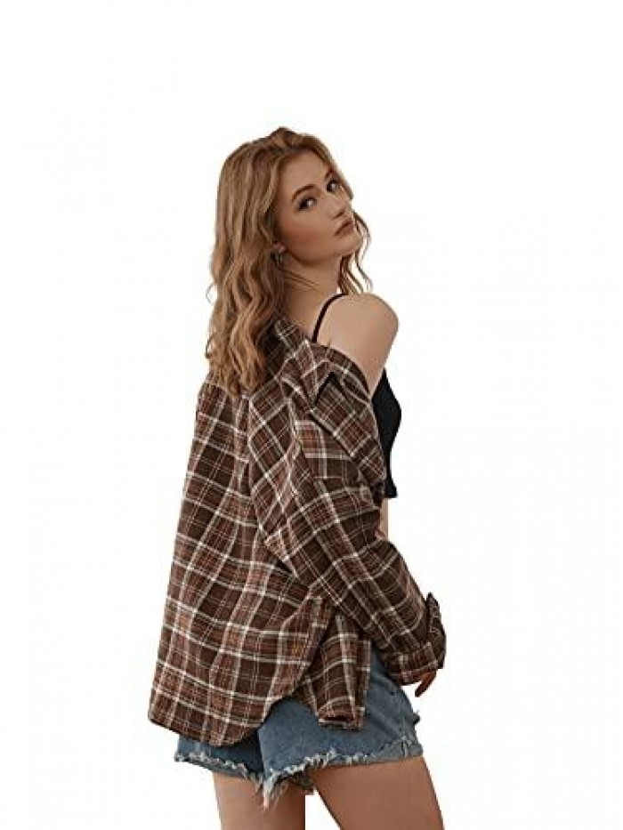 Women's Long Sleeve Collar Long Button Down Plaid Shirt Blouse Tops 