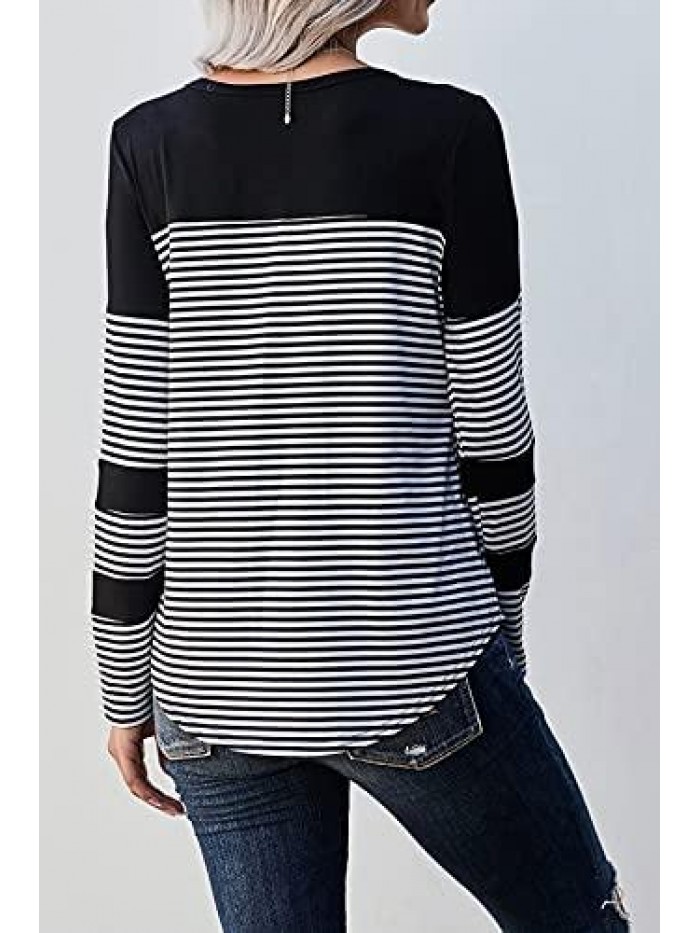 Women's Color Block Tunic Tops Striped Long Sleeve Tshirt Crewneck Shirts Pullover Tops 