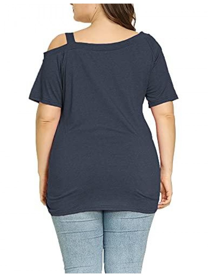 Womens Plus Size Cold Shoulder Tops Short Sleeve Summer Casual Tunics Tops Twist Knot Blouse T-Shirts 