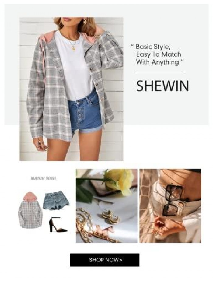 Womens Casual Plaid Shacket Jacket Hoodies Long Sleeve Button Down Blouse Shirts Tops 