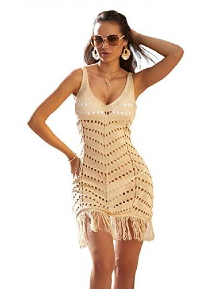 Women's Swim Coverup Crochet Color Block Tassel Deep V Neck Mesh Swimsuit Beach Dress 