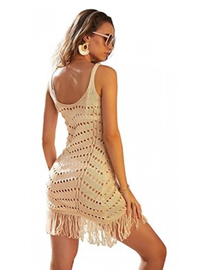 Women's Swim Coverup Crochet Color Block Tassel Deep V Neck Mesh Swimsuit Beach Dress 