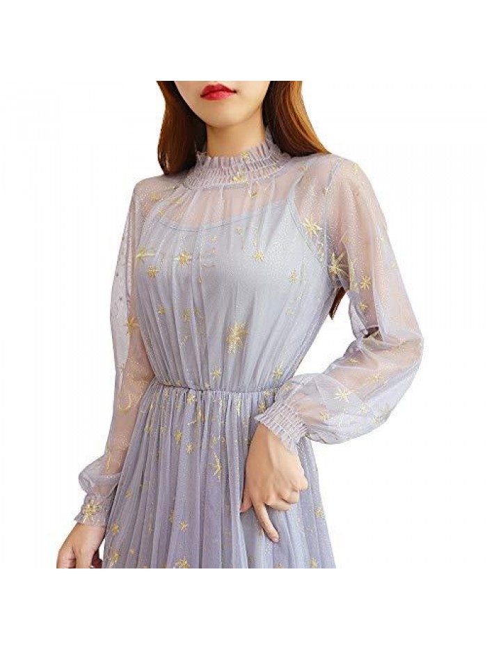 Women Summer Chiffon Dress Stars Moon Print Embroidered Skirt Long Puff Sleeve Princess Dress 