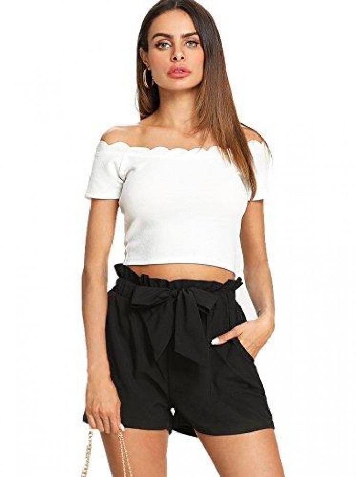 Women's Casual Elastic Waist Bowknot Summer Shorts with Pockets 