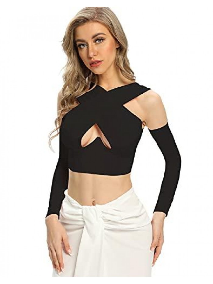 Women's Cut Out Crisscross Halter Vest Wrap Crop Top Sexy Blouse with Long Sleeve 