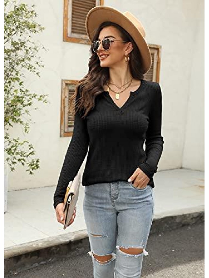 V Neck Waffle Knit Henley Tops Casual Long Sleeve Pullover Sweater Blouses 