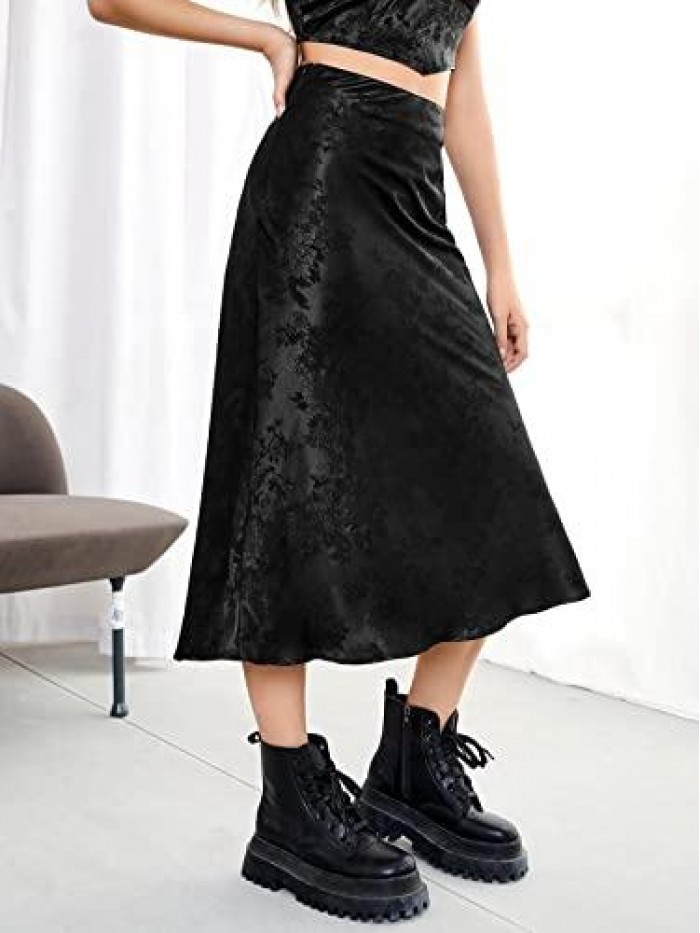 Women's Elegant High Waist Satin Skirt Floral Flared Midi Dressy Work Skirt 