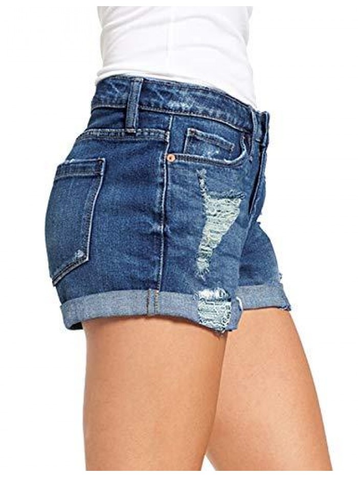 Women's Ripped Denim Jean Shorts High Waisted Stretchy Folded Hem Short Jeans 