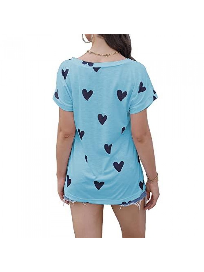 Print Heart V Neck T Shirts Casual Loose Short Sleeve Tee Soft Fashion Shirt Summer Tops 