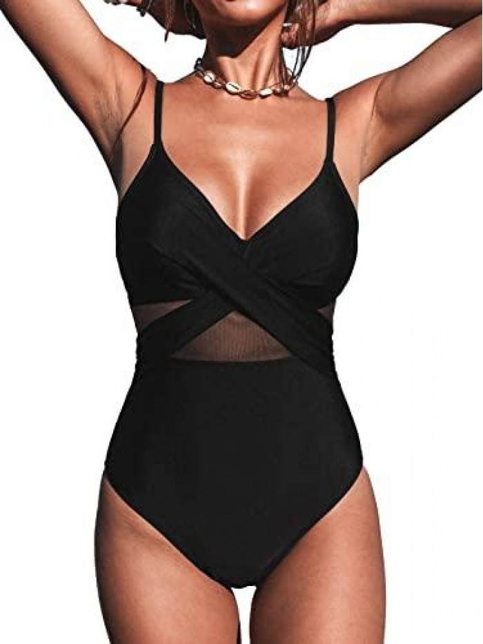 Women V Neck One Piece Swimsuit Wrapped Mesh Tummy Control Bathing Suit with Adjustable Spaghetti Straps 