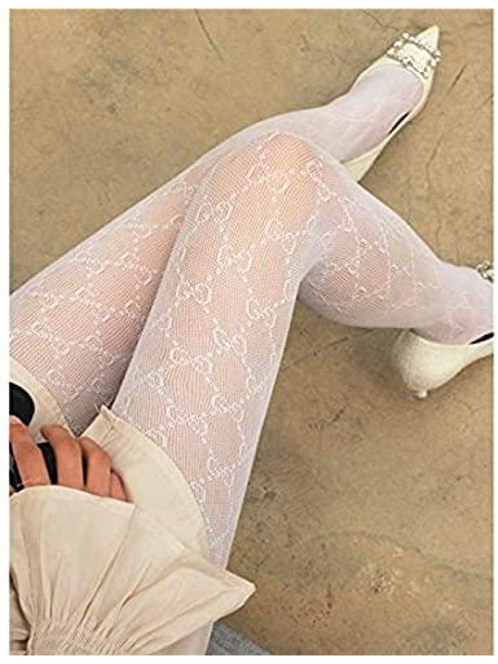 Pieces Women's Sexy Letter Fishnet Stockings, Leggings, Pantyhose with Letters Tights High-Waist Jumpsuit, Lace Tights, Sports Pants Nylon (Black+White) 