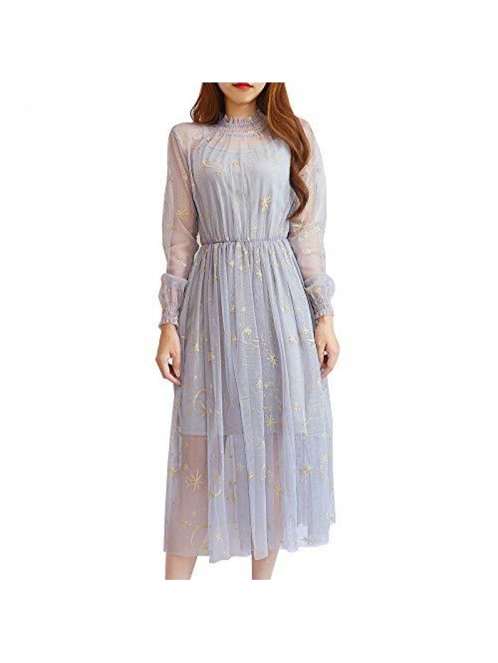 Women Summer Chiffon Dress Stars Moon Print Embroidered Skirt Long Puff Sleeve Princess Dress 