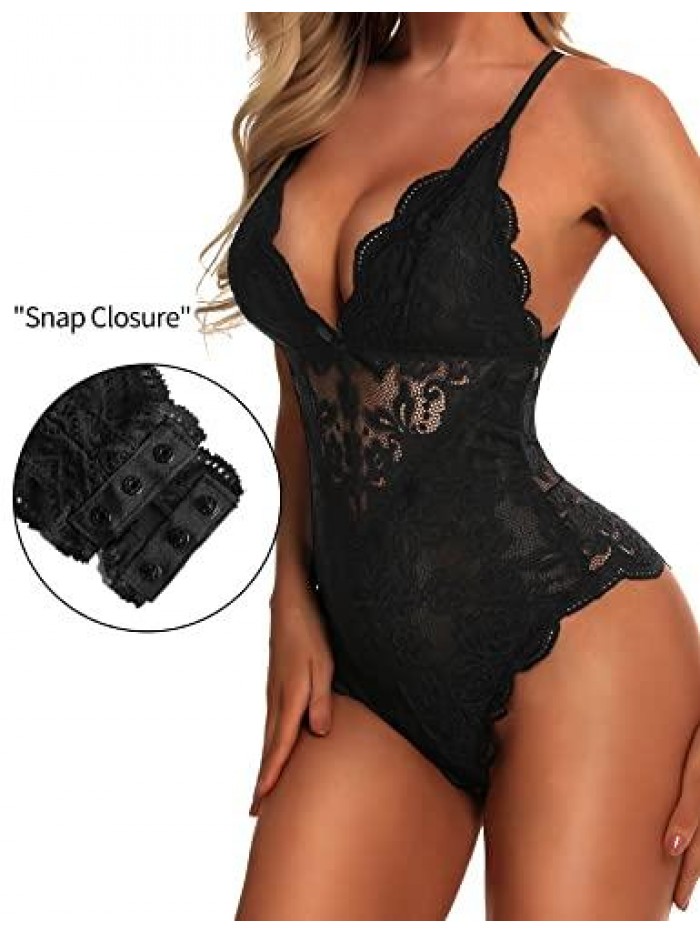 Sexy Lingerie Snap Crotch Bodysuit One Piece Lace Teddy Deep V Cut Out Floral Babydoll Underwear 