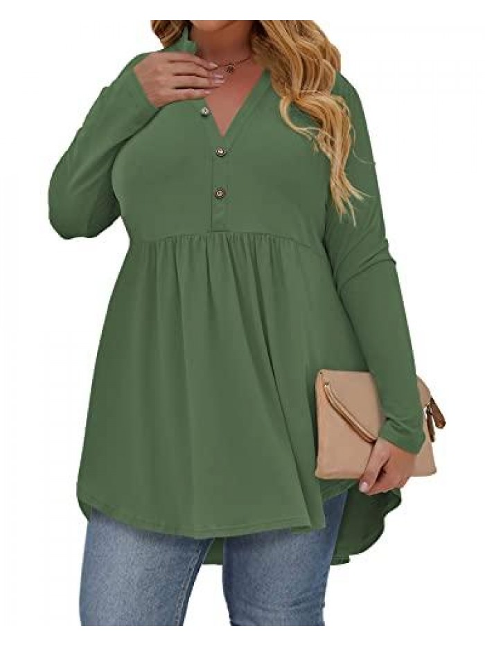 Women's Plus Size Henley Shirts V Neck Button Tunic Tops Long Sleeve Tunics 