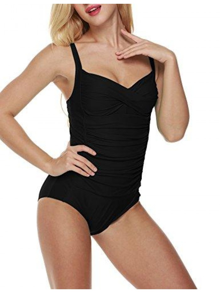 Womens One Piece Swimsuit Elegant Inspired Vintage Pin up Monokinis Tummy Control Swimwear Shirred Bathing Suits 