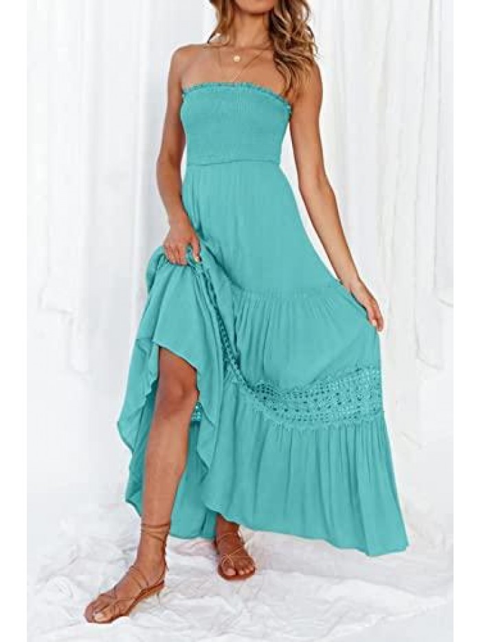 Womens Summer Bohemian Strapless Off Shoulder Lace Trim Backless Flowy A Line Beach Long Maxi Dress 