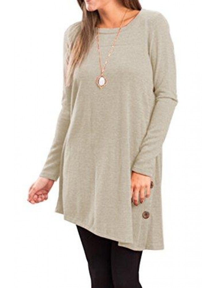 Women's Long Sleeve Scoop Neck Button Side Sweater Tunic Dress 