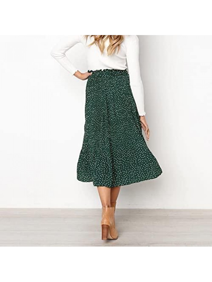 High Elastic Waist Polka Dot Pleated Skirt Midi Swing Chiffon Boho Skirt with Pockets 